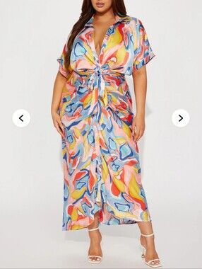 Fashion Nova Multicolor Swirl Button-Up Shirt Dress